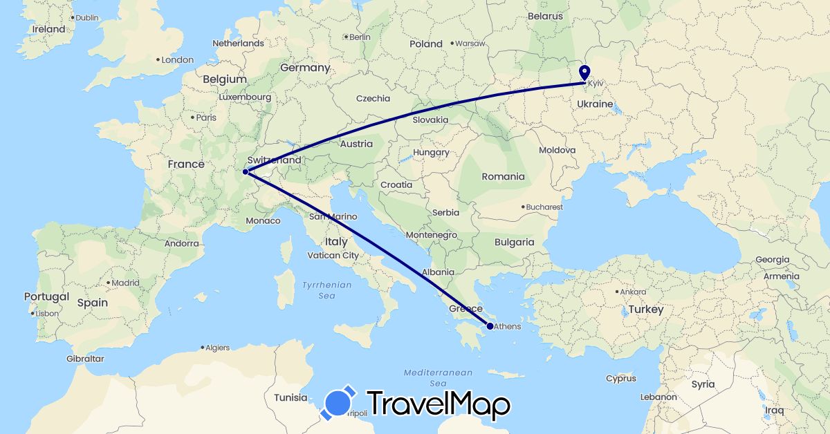 TravelMap itinerary: driving in Switzerland, Greece, Ukraine (Europe)